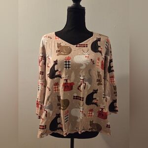 Alfred Dunner Christmas Cat Print Top